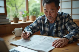 Homme japonais faisant un sudoku dans sa cuisine authentique