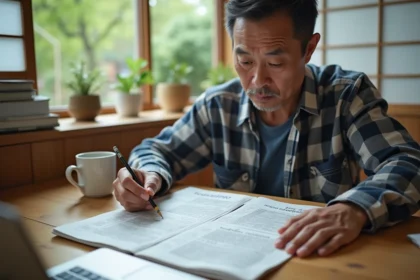 Homme japonais faisant un sudoku dans sa cuisine authentique