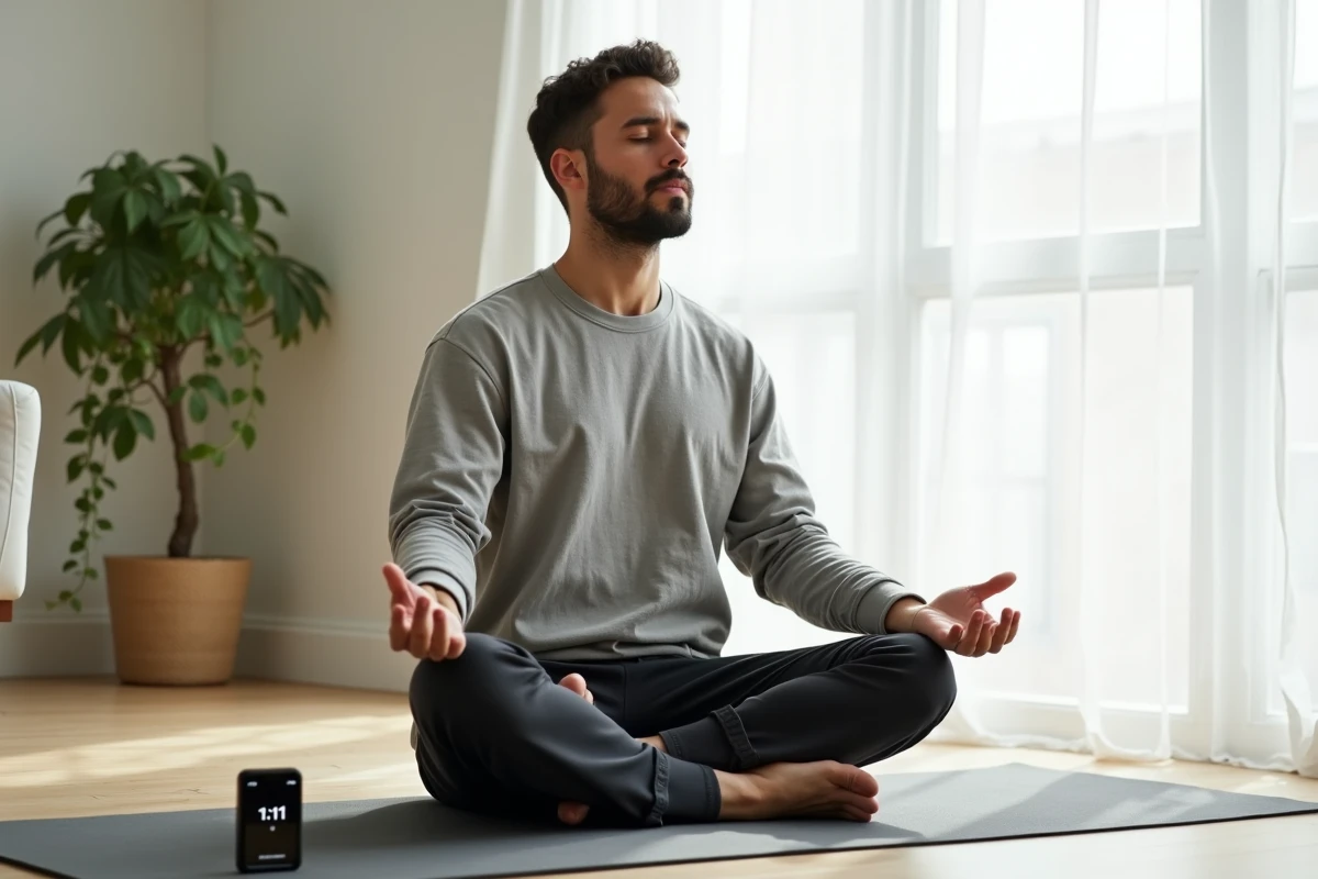 Homme méditant chez lui avec son téléphone affichant 1h11, représentant la prise de conscience spirituelle et la connexion à sa flamme jumelle