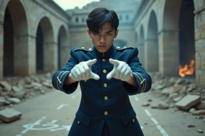 Jeune homme en uniforme militaire en action dans une cour en ruines