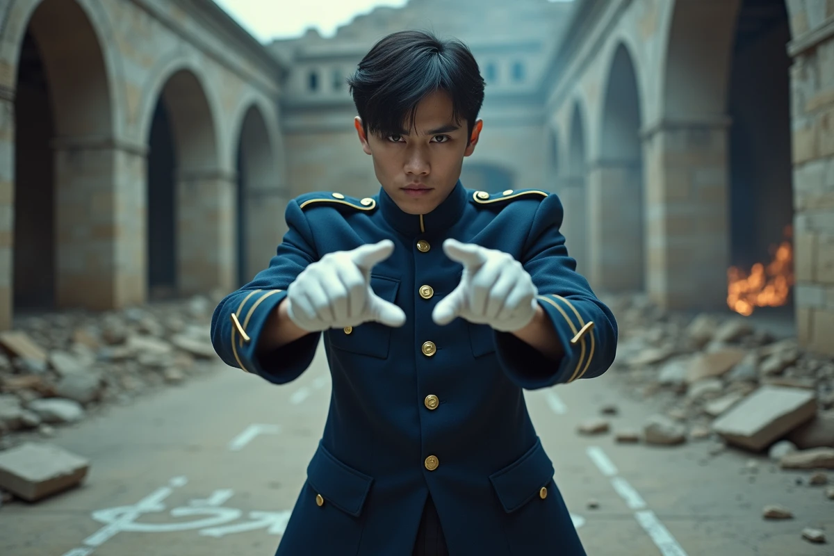 Jeune homme en uniforme militaire en action dans une cour en ruines