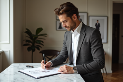 Homme élégant en tweed dans un bureau parisien