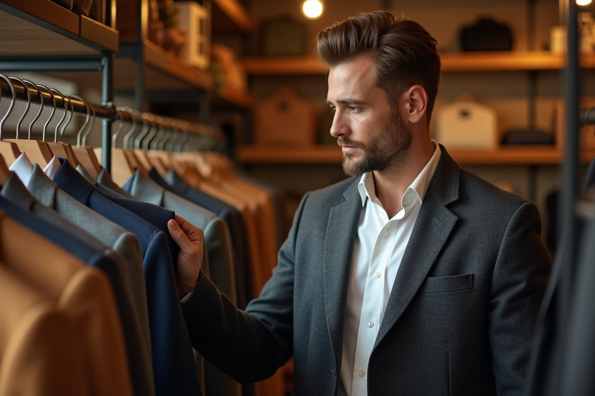 Homme élégant en manteau en laine charbon explorant une boutique de mode indépendante dans une rue parisienne