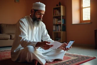 Homme musulman consultant l'horaire Imsak sur papier et smartphone avant l'aube chez lui
