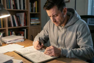Homme concentré qui consulte ses notes pour résoudre une énigme du jeu Rooms and Exits