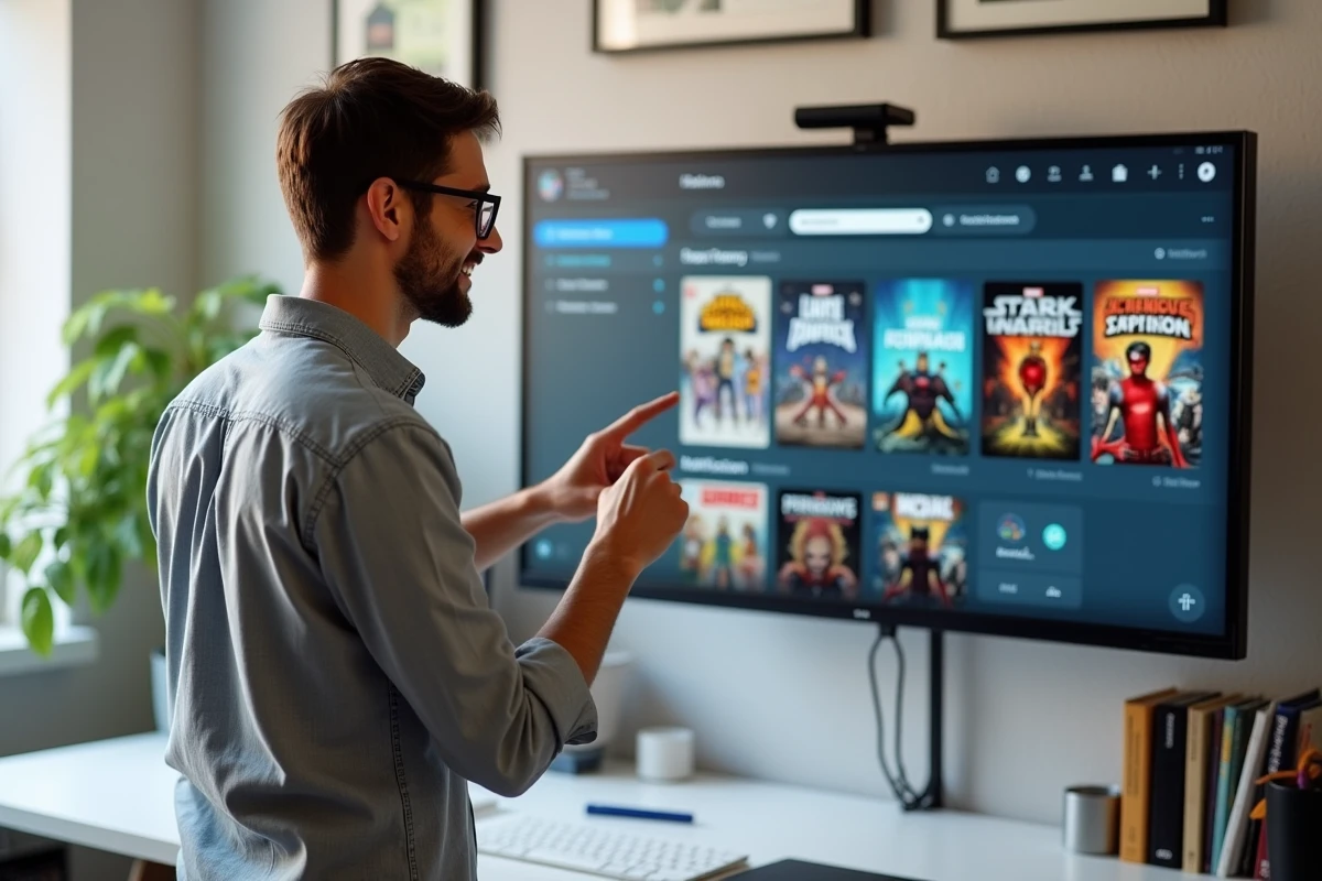 Homme organisant sa bibliothèque numérique au bureau