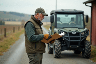 Homme en tenue de travail avec quad moderne à la ferme