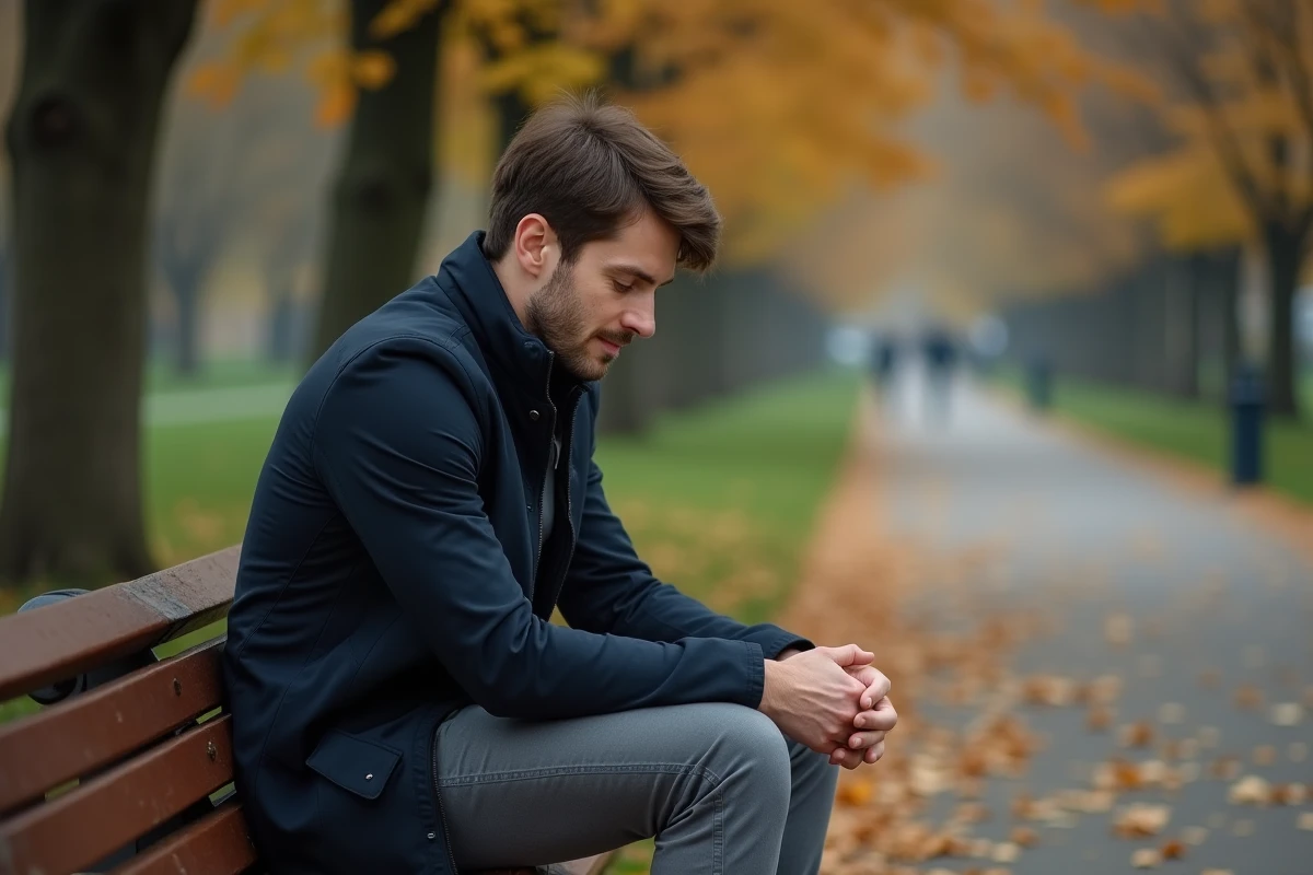 Homme pensif assis sur un banc de parc en automne, souriant discrètement en pensant à une personne chère