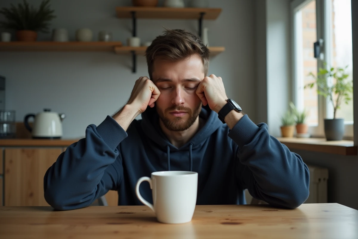 Homme pensif le matin attablé dans sa cuisine, les mains sur les tempes, réfléchissant à un rêve angoissant après une nuit difficile