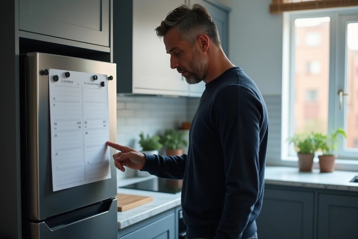 Homme vérifiant un planning hebdomadaire imprimé avec les semaines impaires 2026 affiché sur un réfrigérateur