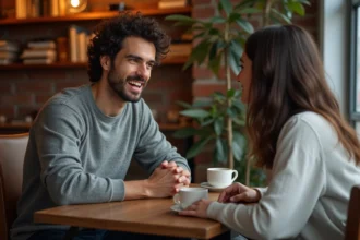 Un homme qui se confie à une femme dans un café intimiste, regard sincère et posture ouverte exprimant une connexion émotionnelle profonde
