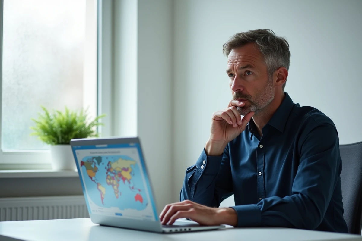 Homme concentré face à un quiz de géographie en ligne cherchant le nom d'une capitale sur son ordinateur