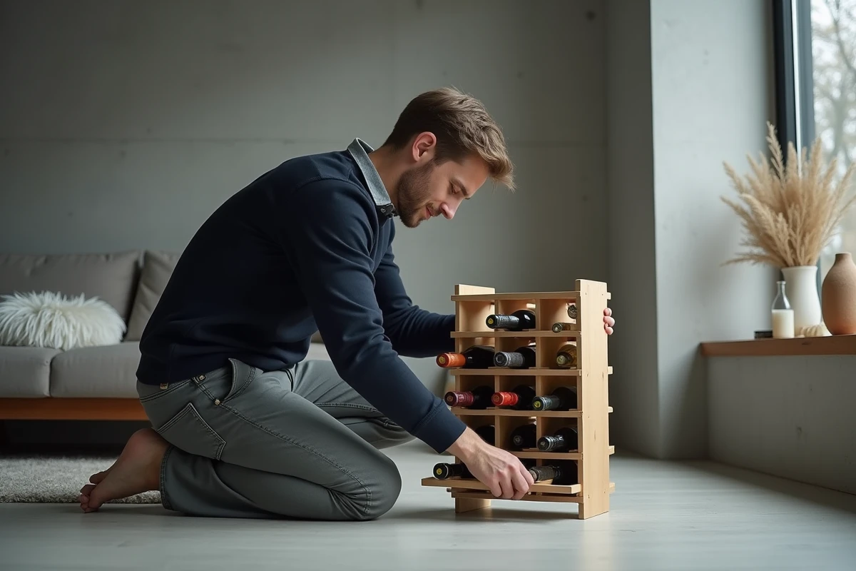 Homme rangeant soigneusement des bouteilles de champagne dans un casier en bois dans un salon minimaliste moderne