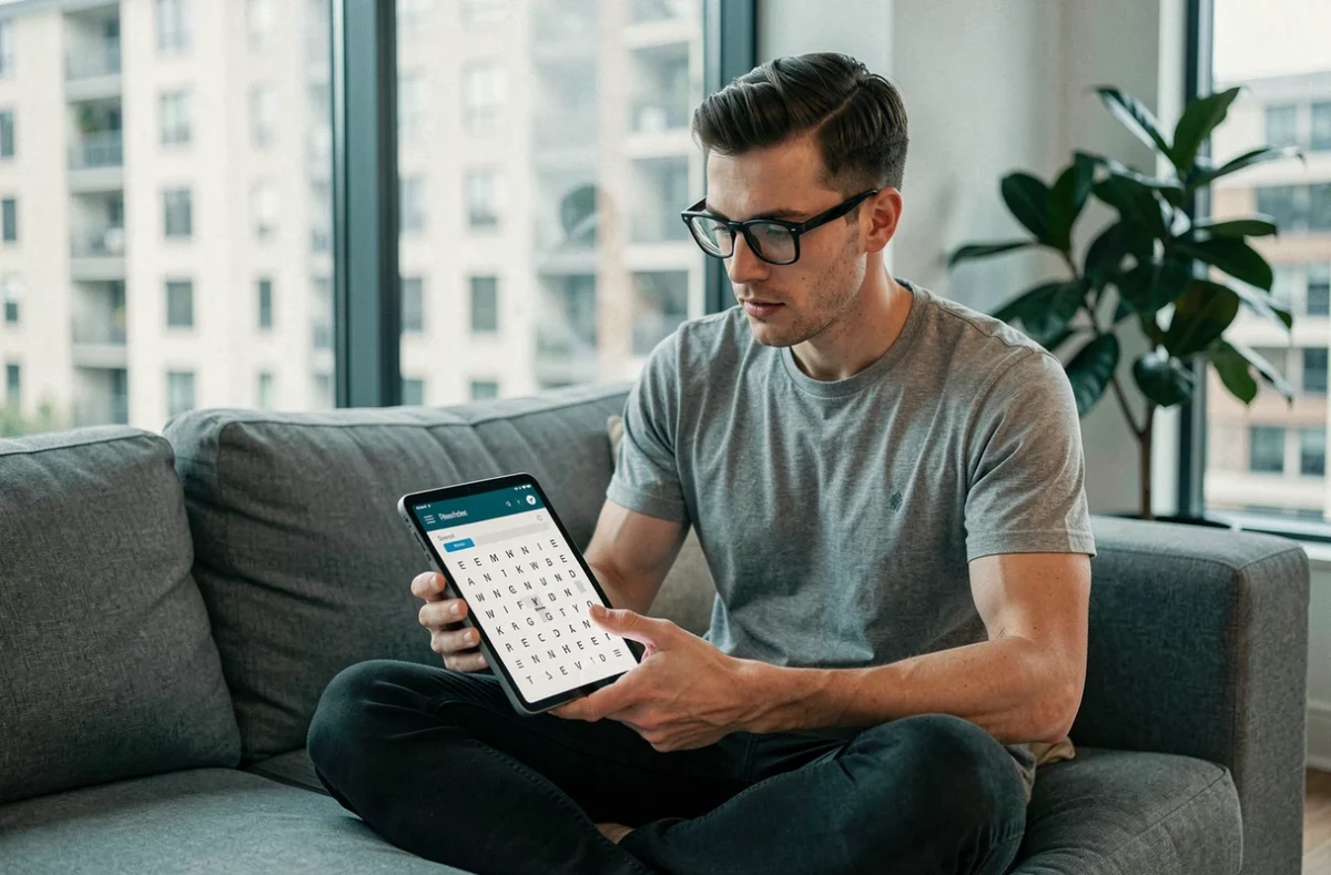 Homme cherchant la solution de mots fléchés sur une tablette dans un salon moderne