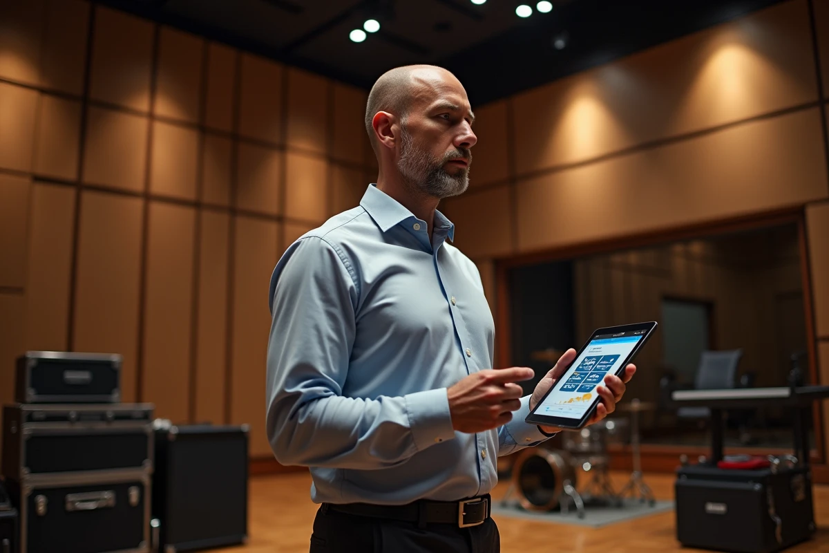 Homme en studio de répétition utilisant une tablette pour mesurer le decibel