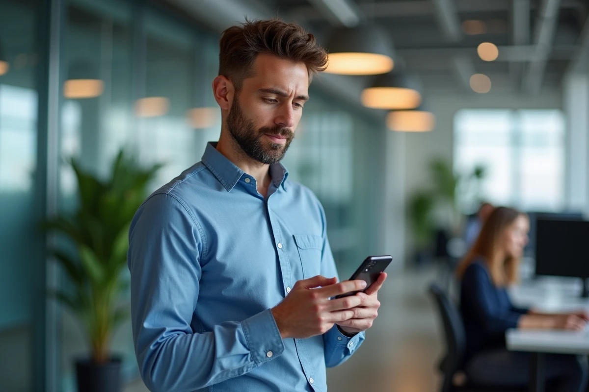 Homme professionnel utilisant une application de scan sur iPhone dans un bureau en open space
