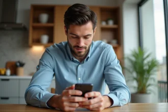 Homme regardant son smartphone dans un appartement moderne