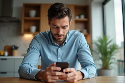 Homme regardant son smartphone dans un appartement moderne