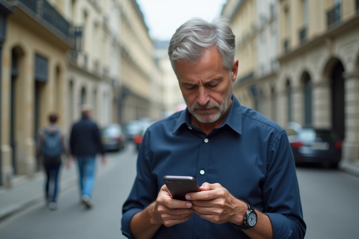 Homme consultant son smartphone dans la rue avant d'appeler un service de renseignement téléphonique