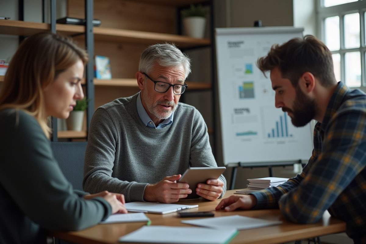 Homme spécialiste IT montrant une demo de logiciel autonome à ses collègues