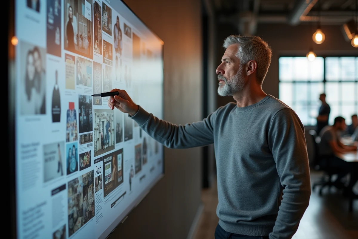 Un homme professionnel présente un grand tableau de concepts créatifs dans un espace d'agence moderne, symbolisant l'évolution du terme Xonivizectrum vers un univers conceptuel en 2026
