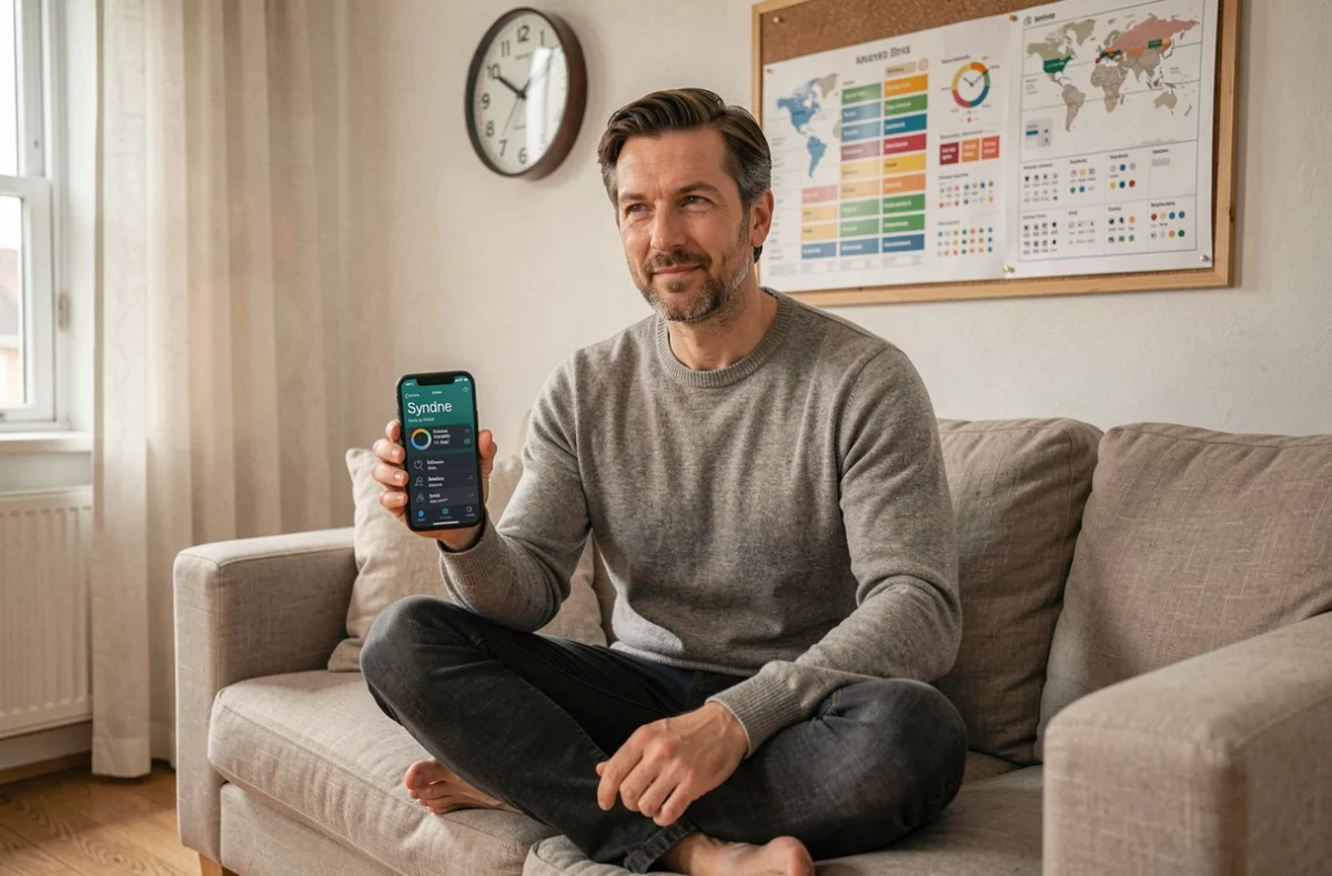 Homme en télétravail consultant l'heure à Sydney sur une application de fuseau horaire depuis son canapé