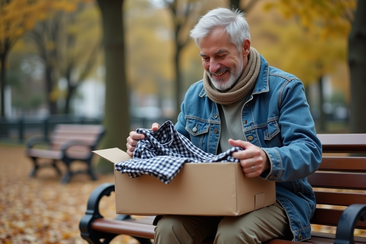 Homme triant des vêtements dans un parc en automne