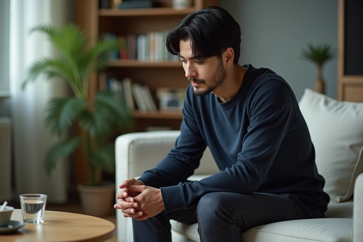 Un homme songeur assis dans un salon qui se confie avec une expression vulnérable et sincère, signe discret d'un amour profond
