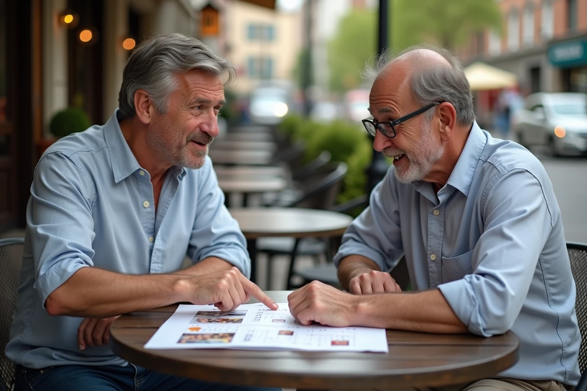 Deux hommes discutent de puzzles de mots dans un café en plein air