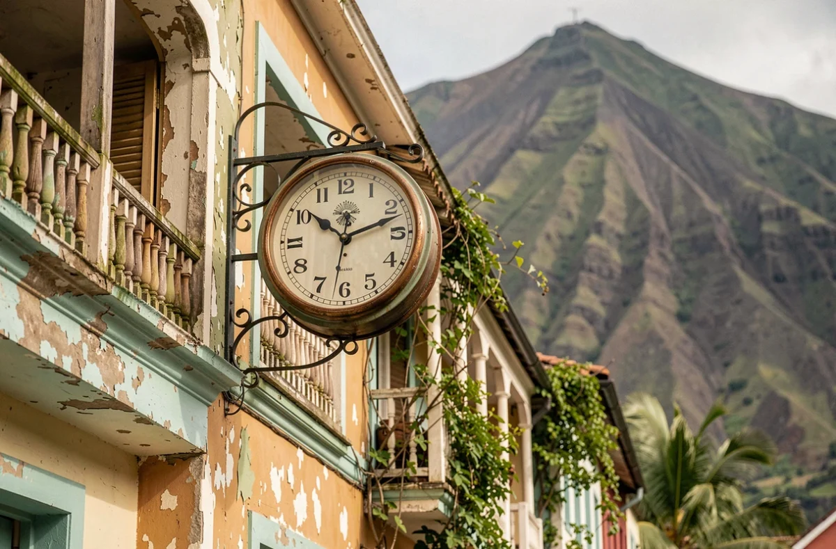 Horloge murale sur façade créole typique à Cilaos avec montagnes volcaniques de la Réunion en arrière-plan