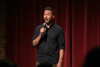 Humoriste sur scène dans un club de comédie lors d'un spectacle d'humour noire