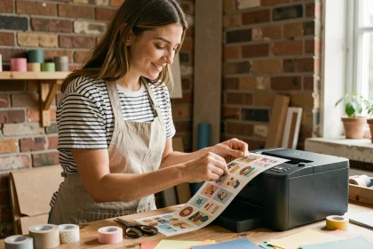 Jeune femme décollant des stickers imprimés avec une imprimante photo compacte sur une table d'atelier créatif en bois