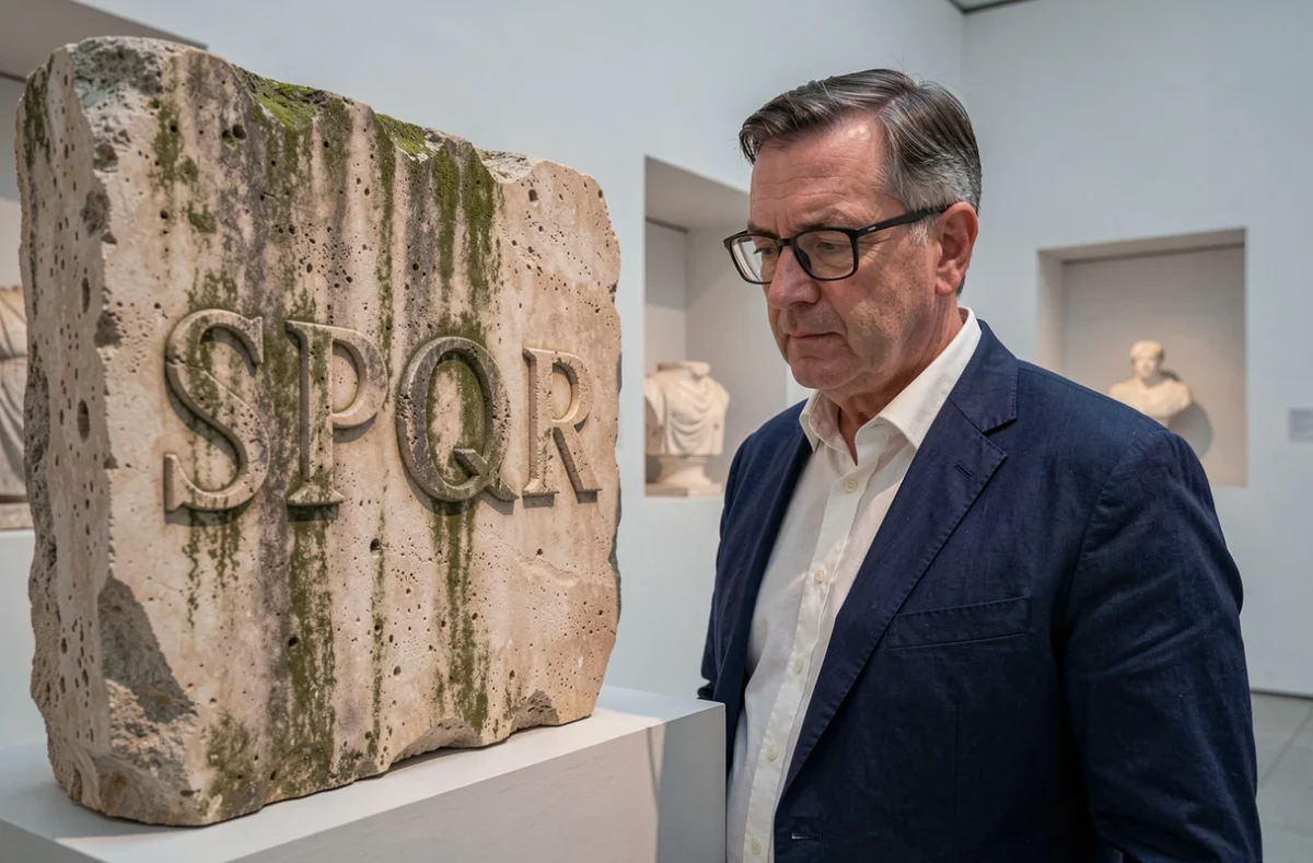 Conservateur de musée examinant une inscription SPQR gravée sur un fragment de colonne romaine en travertin
