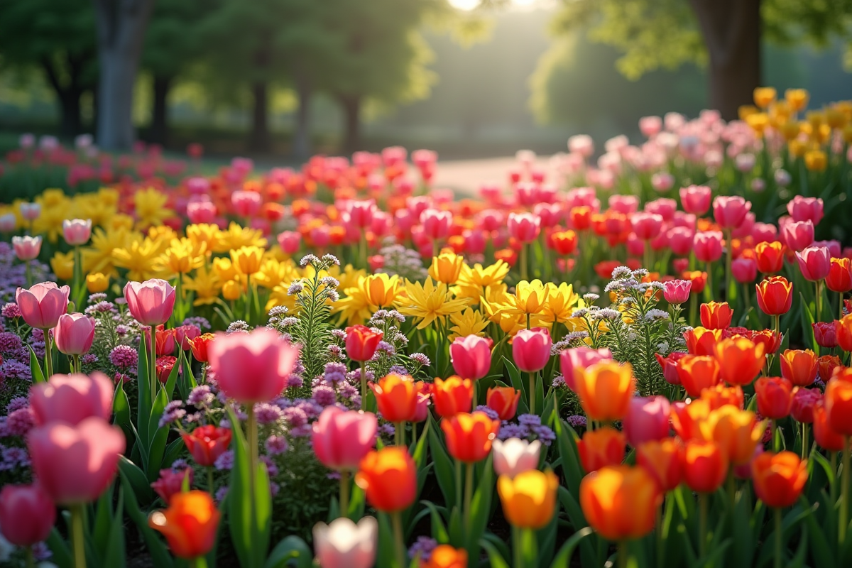 Jardin fleuri en forme de S avec roses tulipes et lys en plein soleil