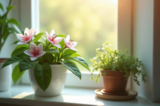 Jasmin en fleurs sur une fenêtre lumineuse avec lumière naturelle