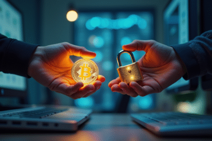 Deux mains tenant un jeton numérique lumineux et un cadenas sécurisé illustrant la blockchain