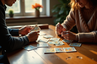 Deux personnes jouent au crapette avec des cartes tarot en lumière naturelle