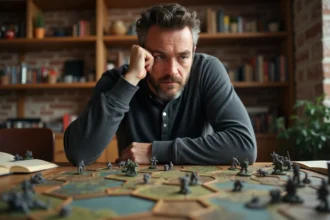Homme adulte analysant un jeu de stratégie et de guerre sur plateau avec des figurines peintes dans une salle de jeu chaleureuse