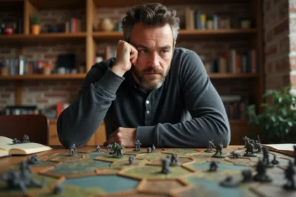 Homme adulte analysant un jeu de stratégie et de guerre sur plateau avec des figurines peintes dans une salle de jeu chaleureuse