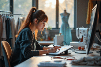 Jeune designer de mode dans un atelier moderne avec tablette et tissus