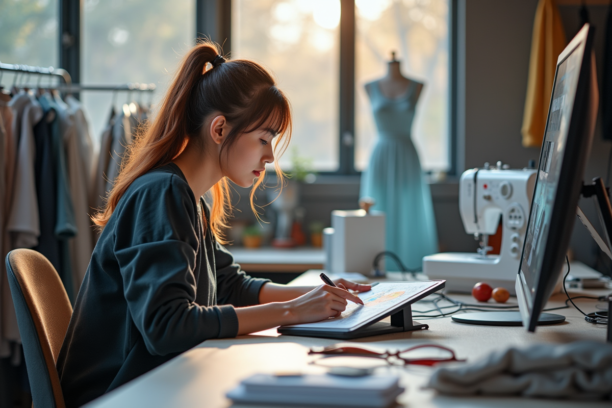 Jeune designer de mode dans un atelier moderne avec tablette et tissus