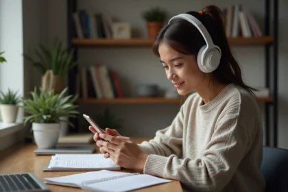 Jeune femme vérifiant le niveau sonore sur son smartphone dans un bureau à domicile