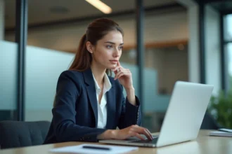 Jeune femme professionnelle regardant un ordinateur avec interface ChatGPT