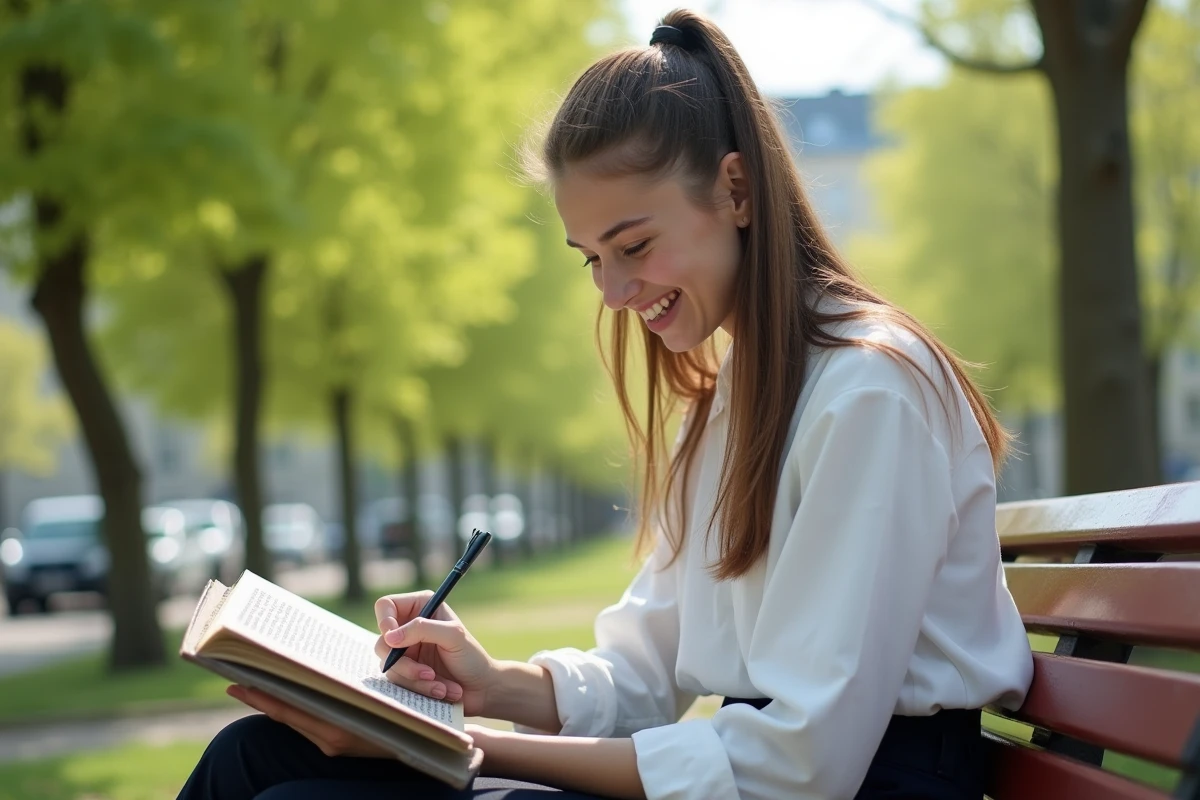 Jeune femme lisant un livre de croixsudoku dans un parc urbain