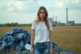 Jeune femme en jeans et t-shirt blanc dans un champ avec denim usé