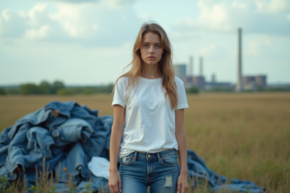 Jeune femme en jeans et t-shirt blanc dans un champ avec denim usé