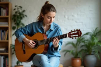 Jeune femme en denim jouant de la guitare acoustique
