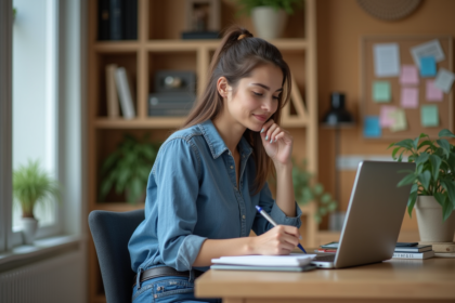 Jeune femme en télétravail prenant des notes lors d'un cours en ligne