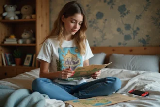 Jeune femme assise sur un lit avec carte et switch