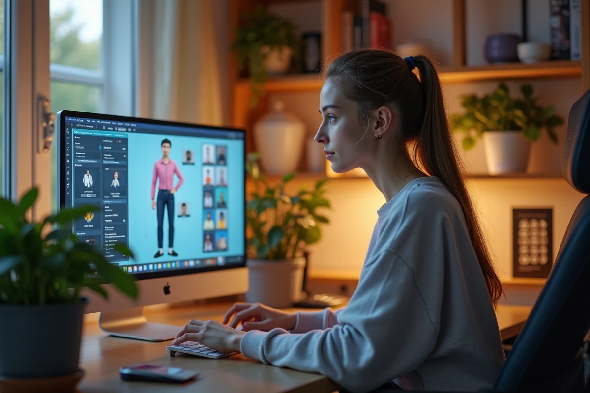 Jeune femme en train de personnaliser un personnage de jeu vidéo sur son ordinateur